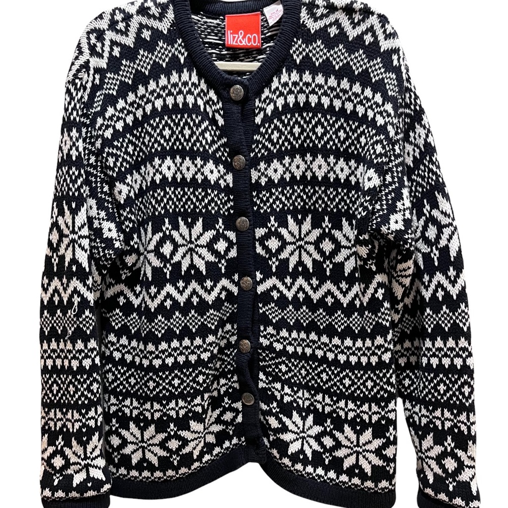 Liz & Co Nordic Fair Isle Black & White Button Down Cardigan Oversized  M